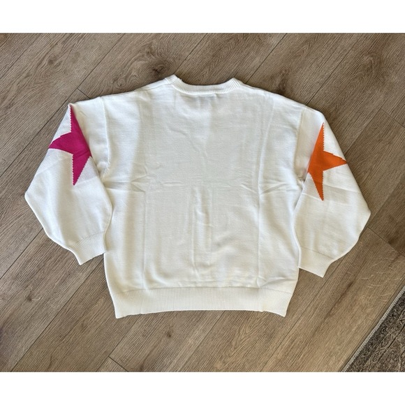 She + Sky Star Sleeve Sweater XL White Pullover Pink Orange Star Knit Top - Picture 4 of 7